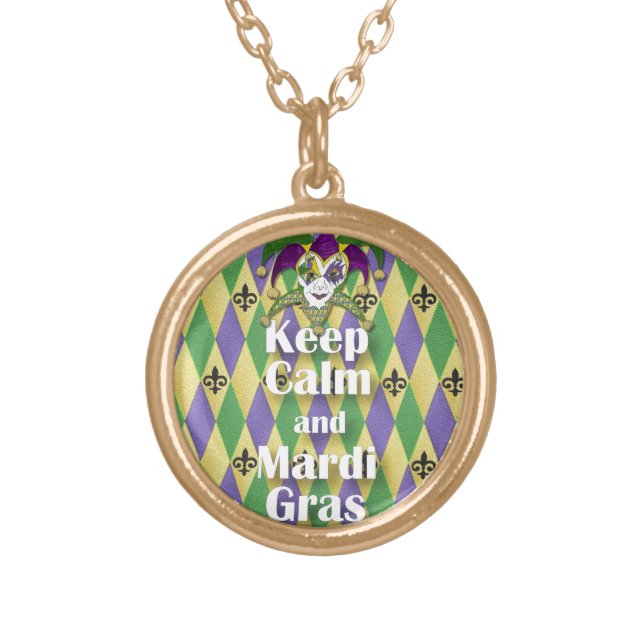 Jester Mask Keep Calm and Mardi Gras Gold Plated Necklace (Front)