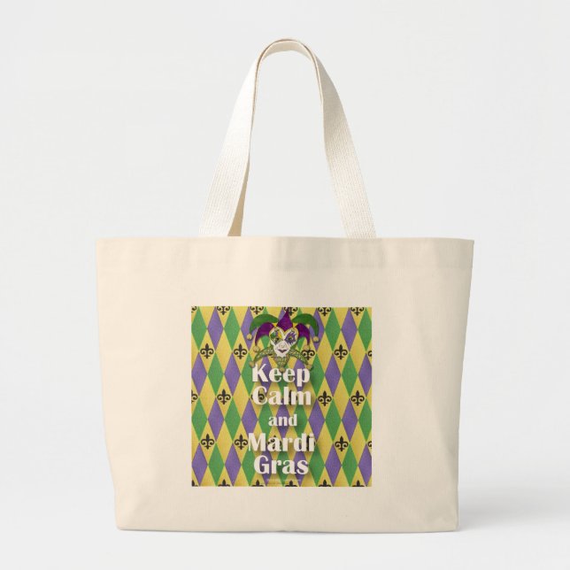 Jester Mask Keep Calm and Mardi Gras Large Tote Bag (Front)