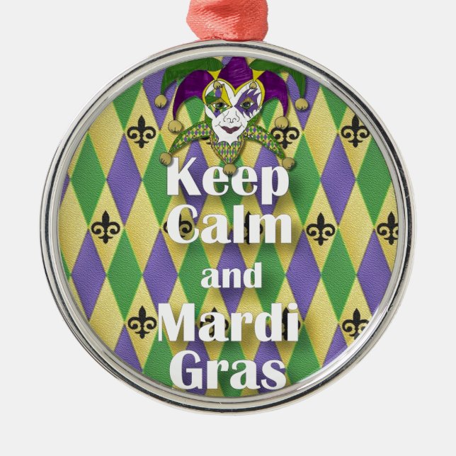 Jester Mask Keep Calm and Mardi Gras Metal Ornament (Front)
