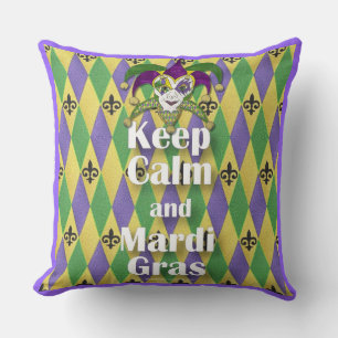 Jester Mask Keep Calm and Mardi Gras Throw Pillow