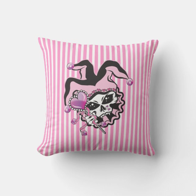 Jester of Hearts Skull Throw Pillow (Front)