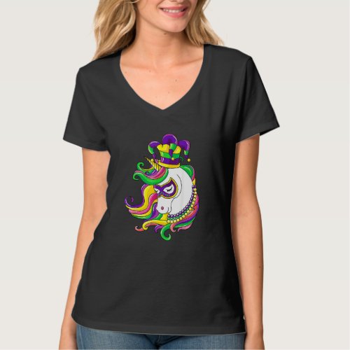 Jester Rainbow Unicorn Design Mardi Gras Mask Cost T_Shirt