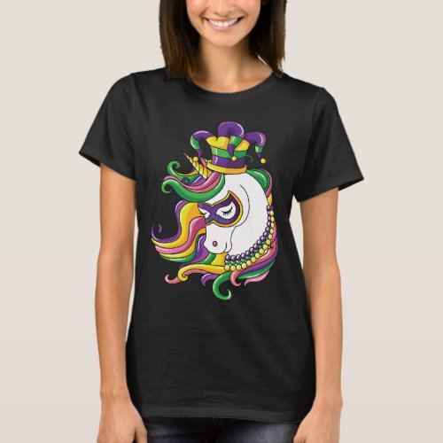 Jester Rainbow Unicorn design Mardi Gras Mask Cost T_Shirt