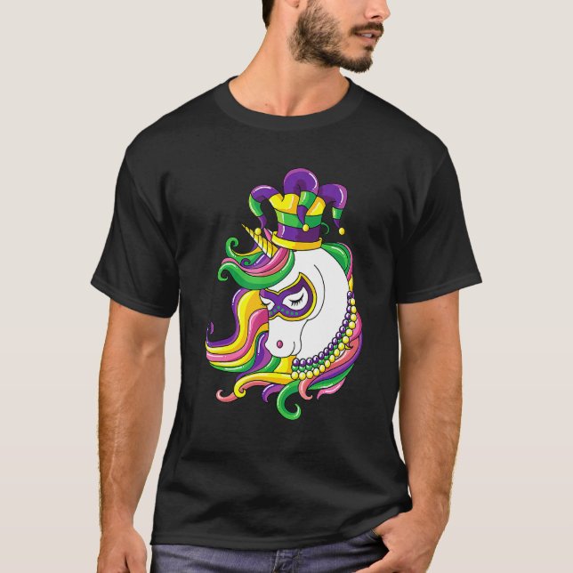 Jester Rainbow Unicorn Mardi Gras Mask Costume T-Shirt (Front)
