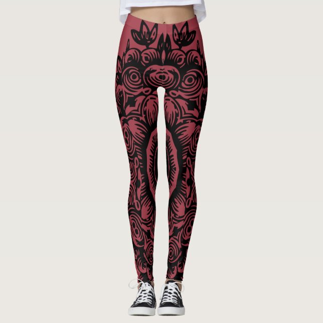 Jester Red with Black Damask Pattern Athletic Leggings (Front)