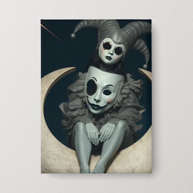 Jester sits on crescent moon wireless charger  button (Front)