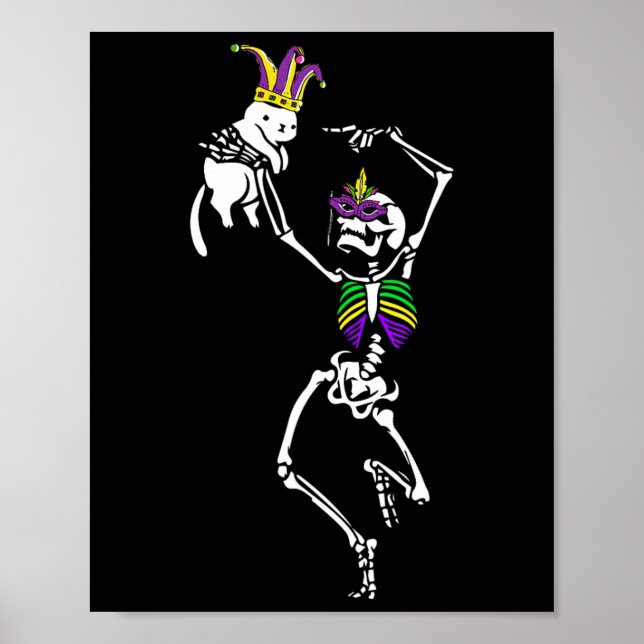 Jester Skeleton Dancing Cat Mardi Gras Mask Carniv Poster (Front)