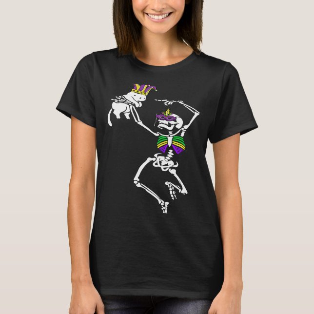 Jester Skeleton Dancing Cat Mardi Gras Mask Carniv T-Shirt (Front)