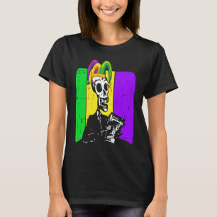 Jester Skeleton Reading Book Mardi Gras Reader Boo T-Shirt