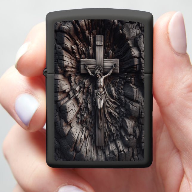 Jesus A Artful Depiction of Burnt Wood Sculpture Zippo Lighter (In Hand)