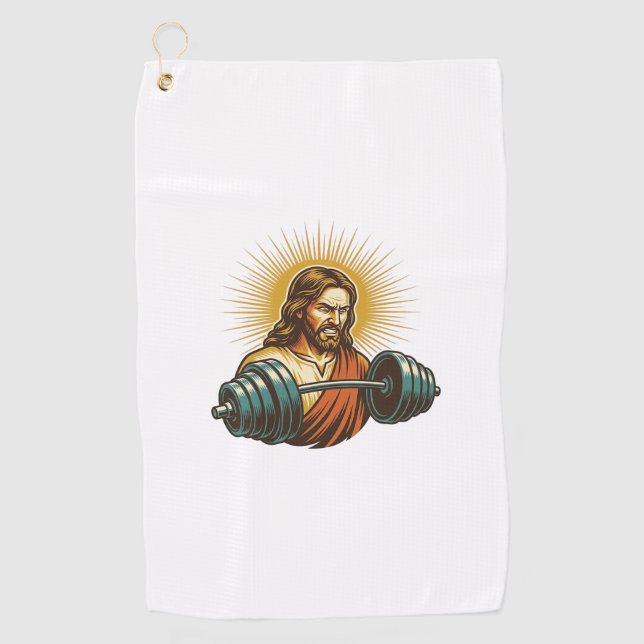 Jesus Accidentally Adding Too Much Weight Gym Fail Golf Towel (Front)