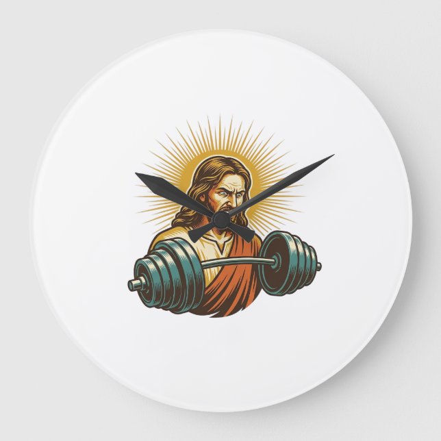Jesus Accidentally Adding Too Much Weight Gym Fail Large Clock (Front)