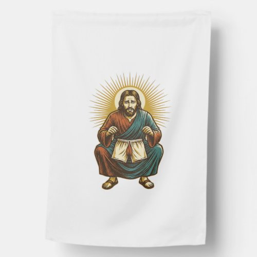 Jesus Adjusting Uncomfortable Wedgie Mid Squat Gym House Flag