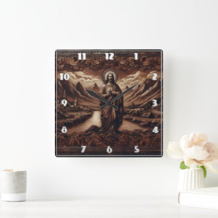 Jesus Amidst Mountain Landscape at Dusk Square Wall Clock