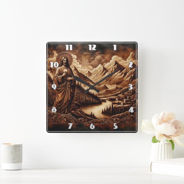 Jesus Amidst Mountains and River Landscape Square Wall Clock (Home)