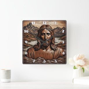 Jesus Amidst Mountains and River Landscape Square Wall Clock