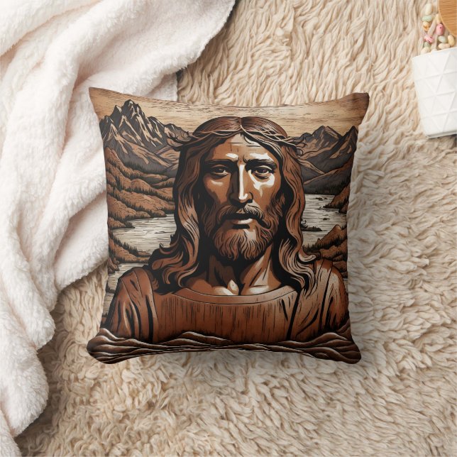 Jesus Amidst Mountains and River Landscape Throw Pillow (Blanket)