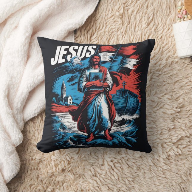 Jesus amidst storms of faith and hope at sea throw pillow (Blanket)