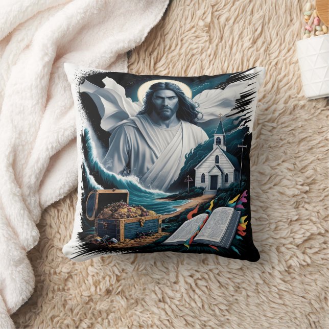 Jesus amidst waves and treasure near a church throw pillow (Blanket)