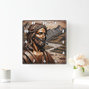 Jesus Among Mountains at Sunset Square Wall Clock