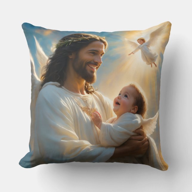Jesus and Baby Angel Throw Pillow (Front)