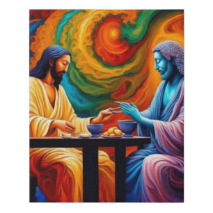 Jesus and Buddha share a meal Faux Canvas Print