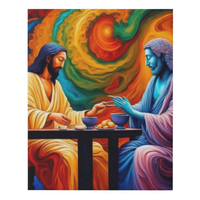 Jesus and Buddha share a meal Faux Canvas Print (Front)