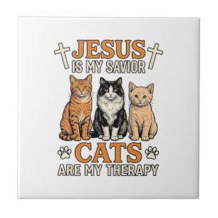 Jesus And Cats Are My Therapy Vintage Cat Shirt Ceramic Tile