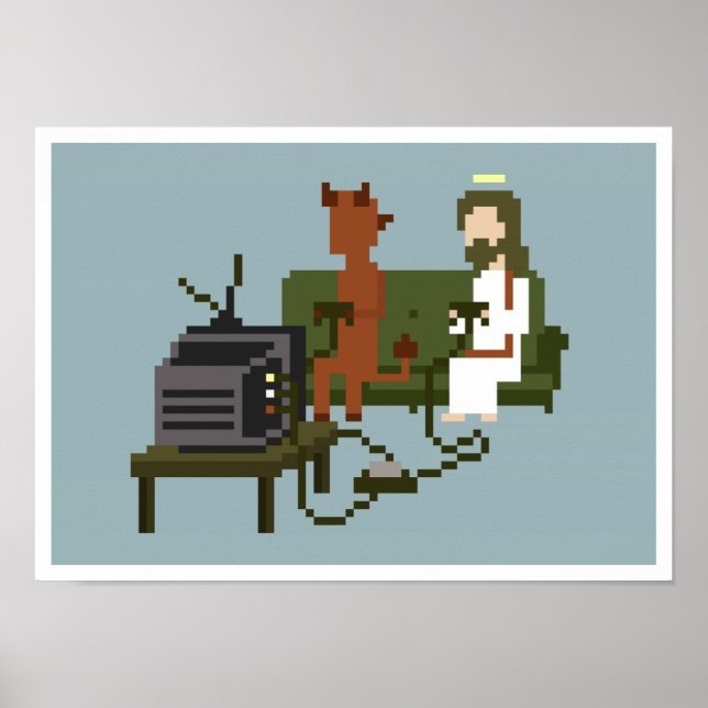Jesus And Devil Play Video Games Pixel Art Poster (Front)