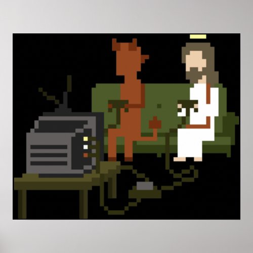 Jesus And Devil Playing Video Games Pixel Art Poster