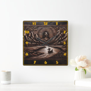 Jesus and Disciples on a River Journey at Dusk Square Wall Clock
