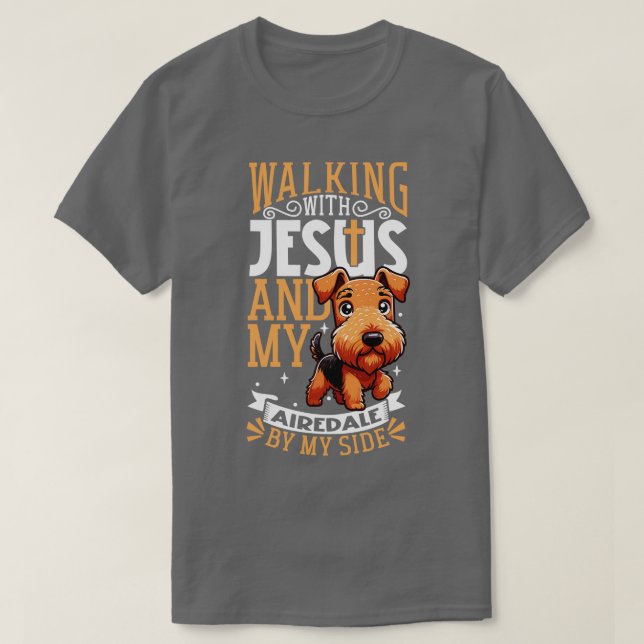 Jesus and dog Airedale Terrier T-Shirt (Design Front)