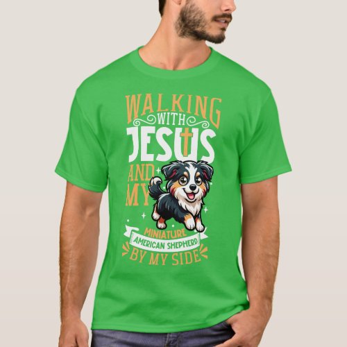 Jesus and dog Miniature American Shepherd T_Shirt