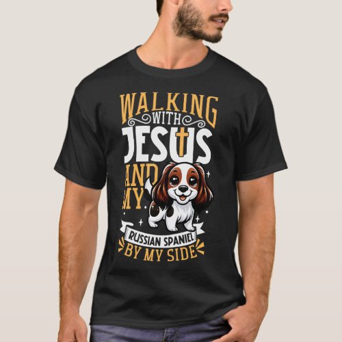 Jesus and dog Russian Spaniel T_Shirt