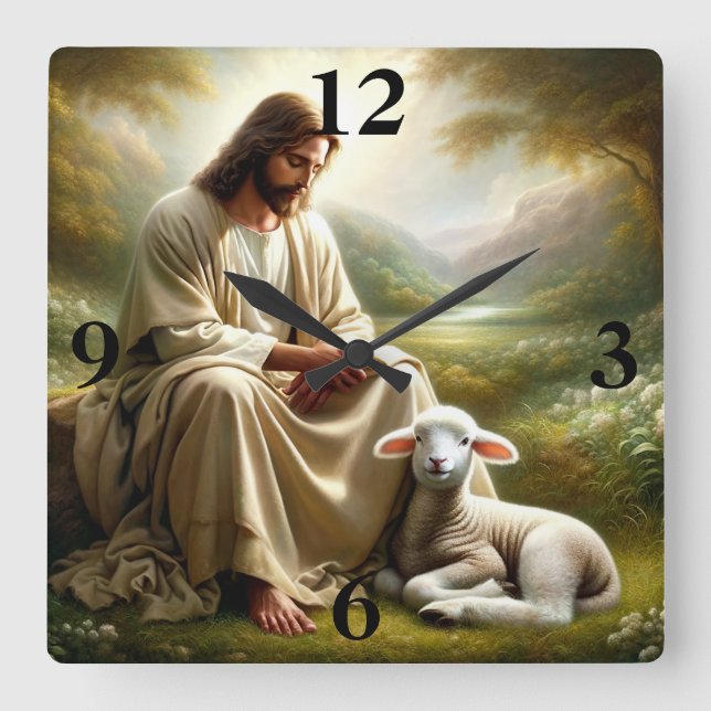 Jesus and Lamb Square Wall Clock (Front)