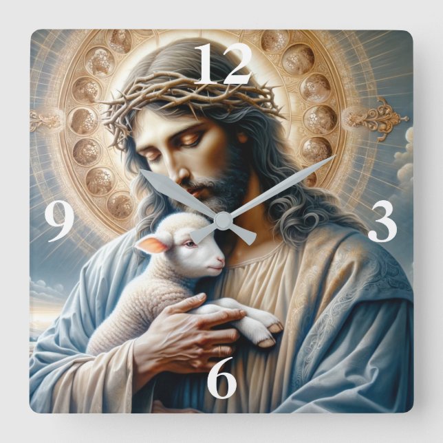 Jesus and Lamb Square Wall Clock (Front)