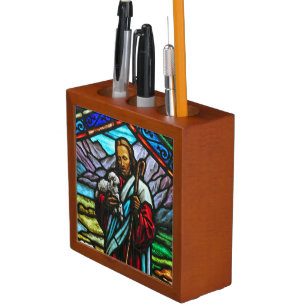 Jesus and lamb stained glass desktop organizer