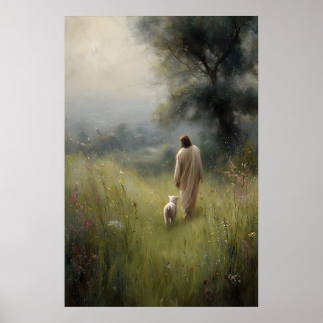 Jesus and Lamb The Good Shepherd Lost Sheep Jesus  Poster (Front)