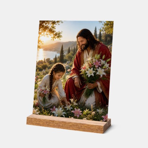 Jesus and Little Girl Gathering Lilies  Acrylic Sign