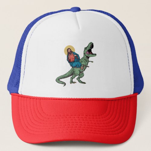 Jesus and t_rex funny 19 trucker hat