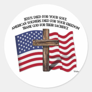 Jesus and the American Soldiers rugged cross US... Classic Round Sticker
