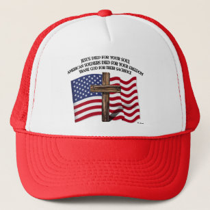 Jesus and the American Soldiers rugged cross US... Trucker Hat