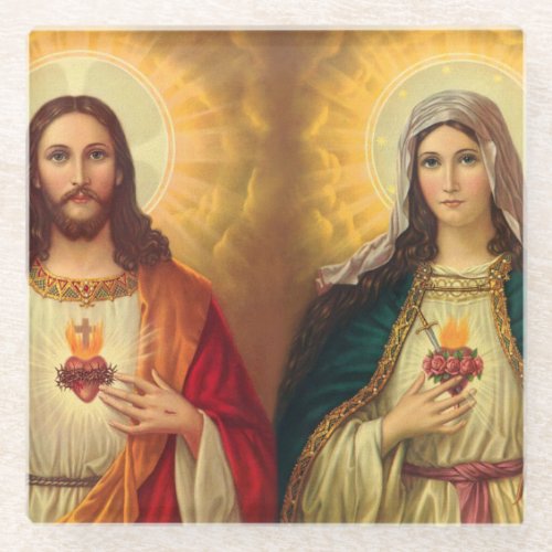 Jesus and Virgin Mary Sacred Heart Glass Coaster