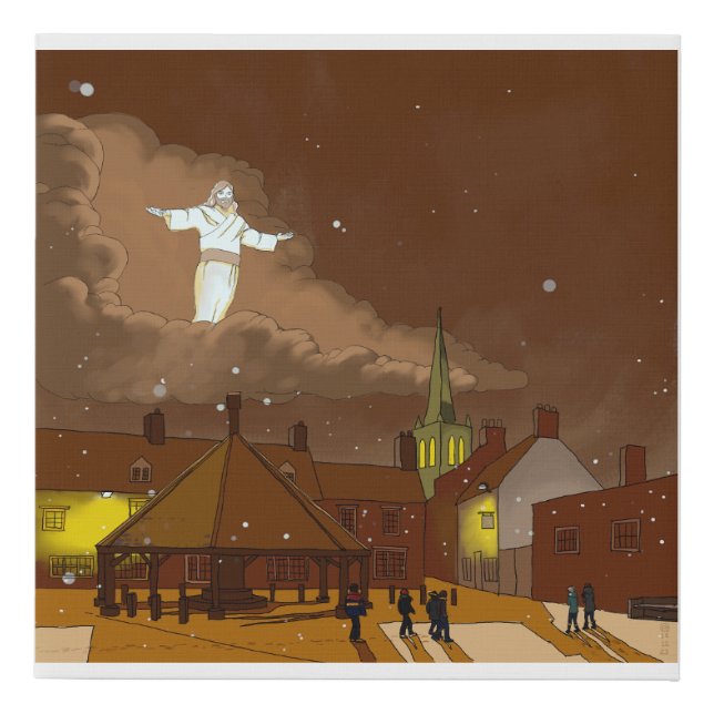 Jesus Appearing In The Sky Above The Town Faux Canvas Print (Front)