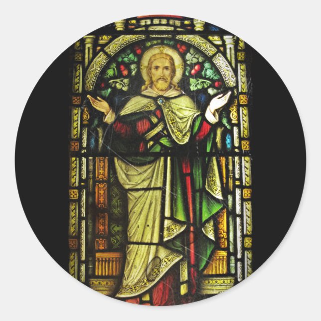 Jesus Arms Outstretched Stained Glass Image Classic Round Sticker (Front)