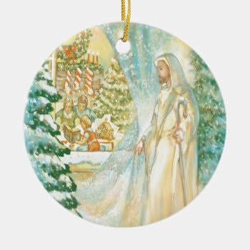 Jesus At Christmas Looking Through Veil Of Snow Ceramic Ornament by gingerbreadwishes at Zazzle