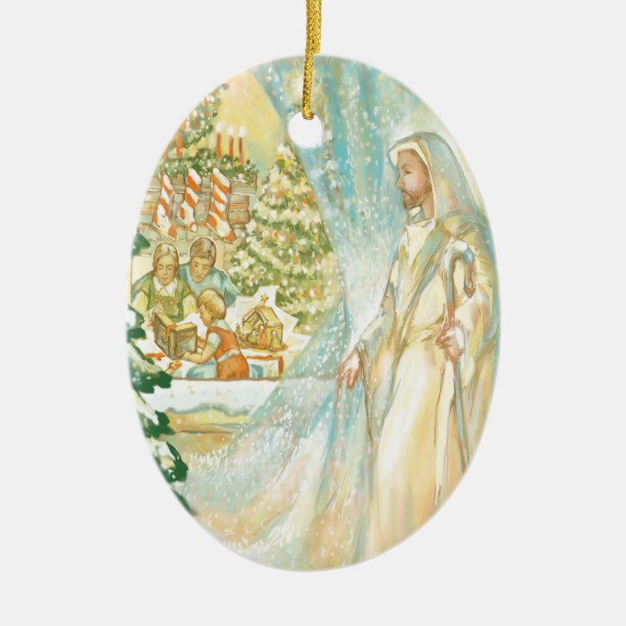 Jesus at Christmas Looking Through Veil of Snow Ornaments