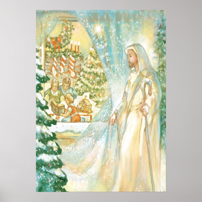 Jesus at Christmas Looking Through Veil of Snow Poster (Front)