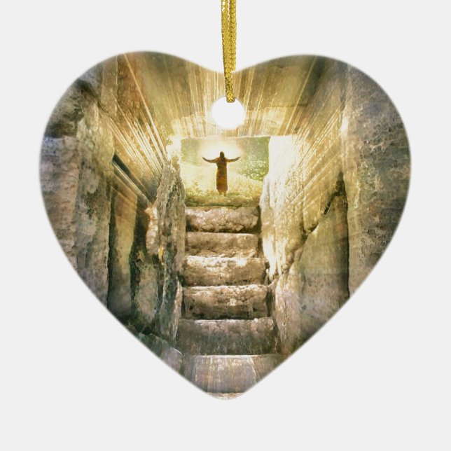 Jesus at Empty Tomb Easter Resurrection Ceramic Ornament (Front)