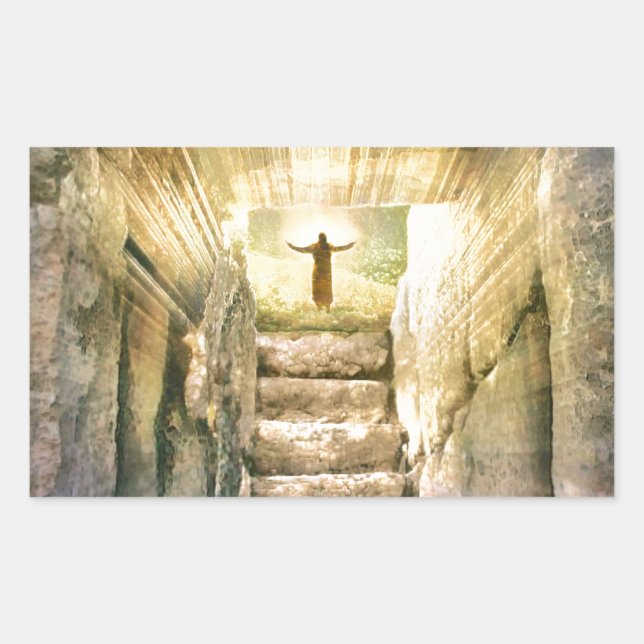 Jesus at Empty Tomb Easter Resurrection Rectangular Sticker (Front)